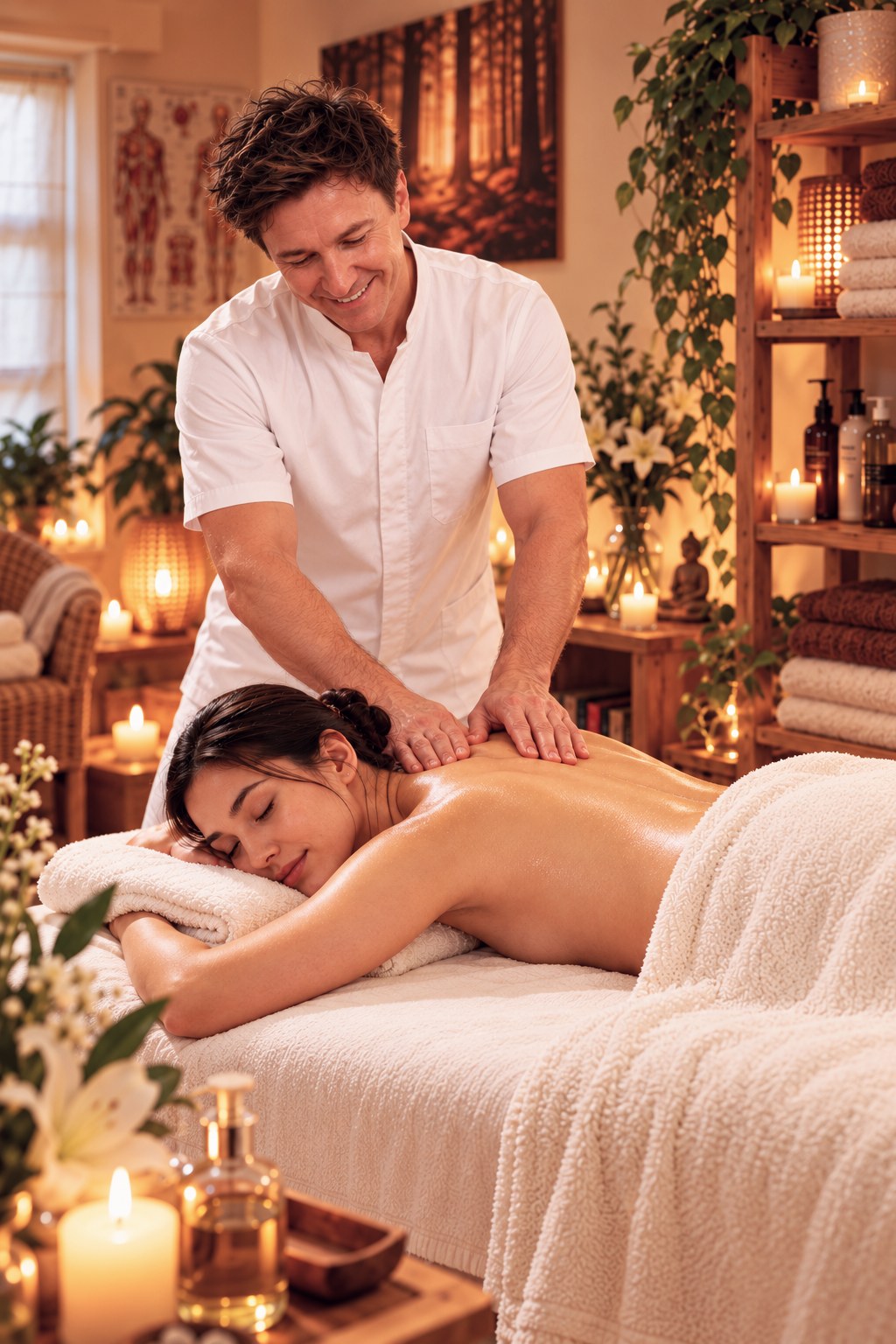 Charlie giving a candlelit sensual back massage in the Mosman studio