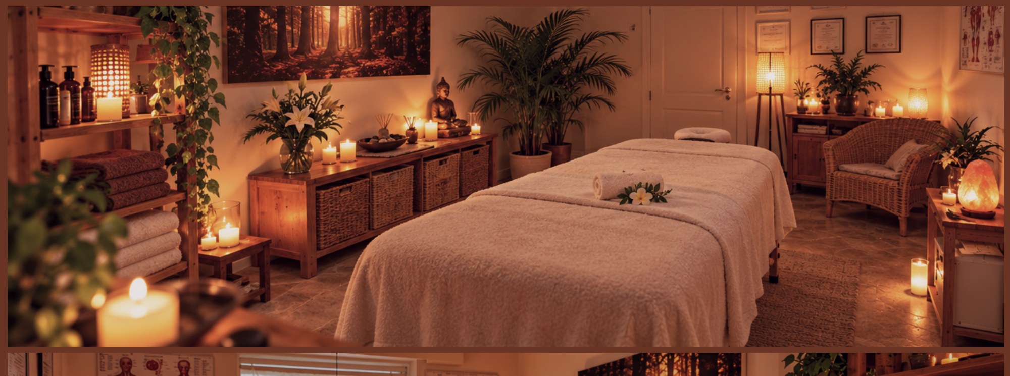 The candlelit Mosman studio — massage table, plants and warm light