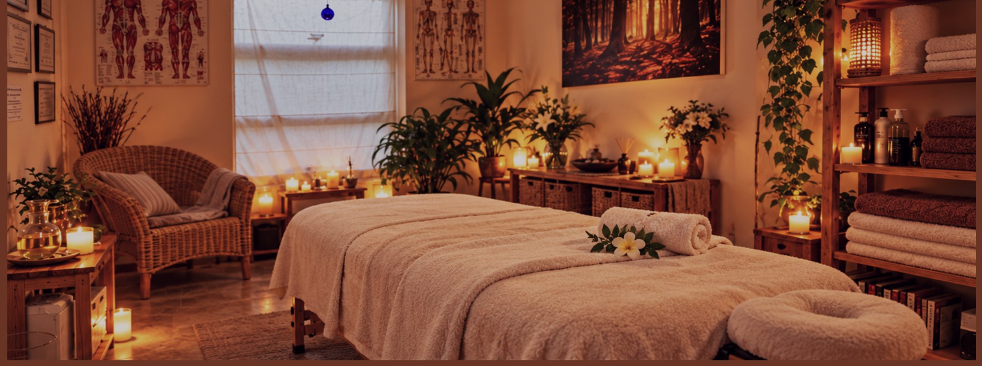 Second view of the studio — candles, oils and soft towels
